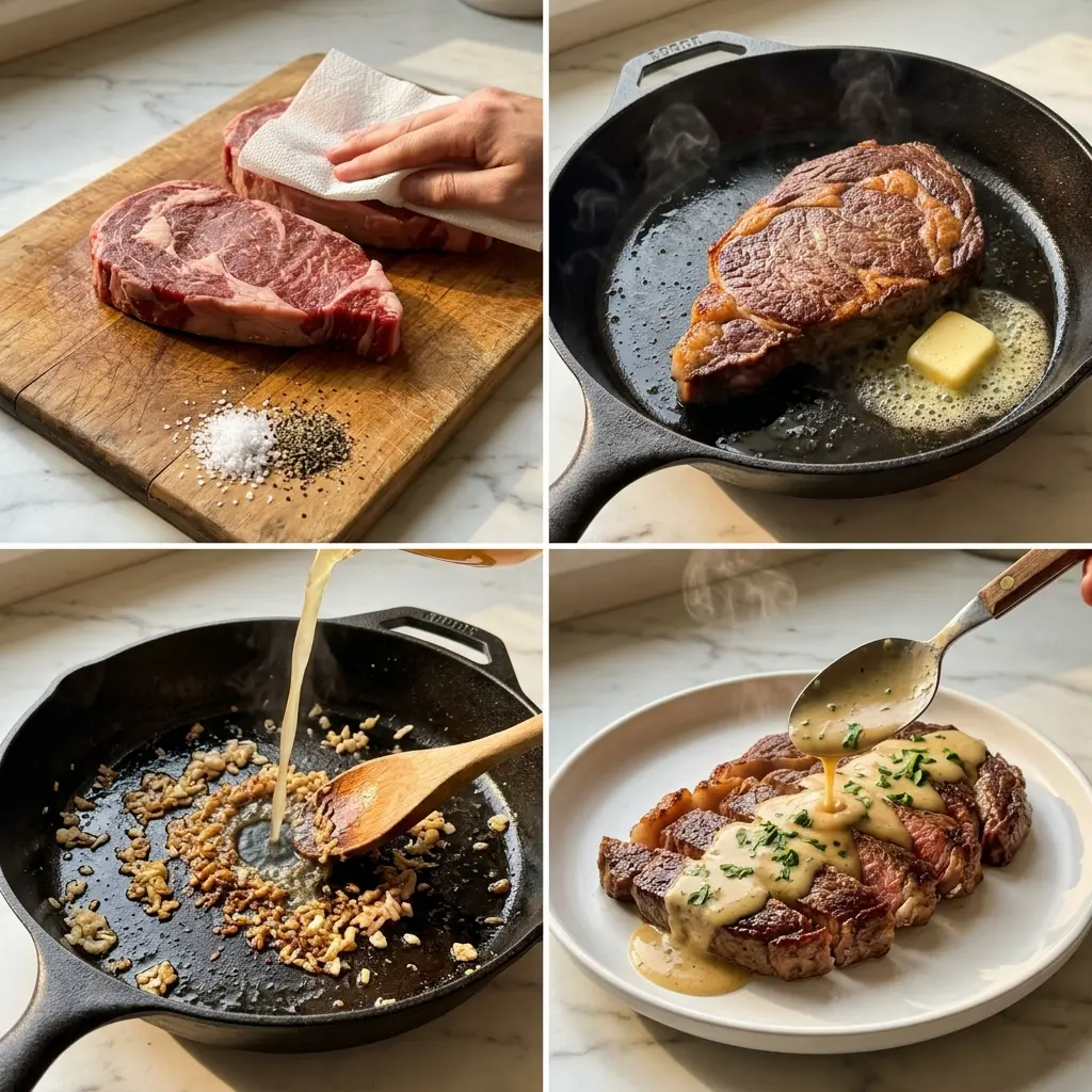 4-step cooking process collage for steak with creamy garlic sauce showing seasoning, searing, sauce building, and plating