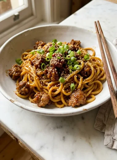 Close-up of sticky beef noodles in a white bowl topped with spring onions and sesame seeds