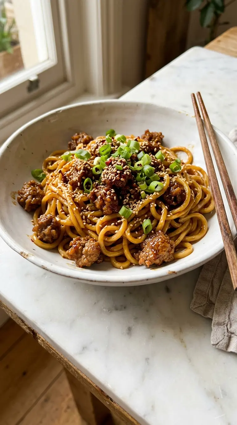 Close-up of sticky beef noodles in a white bowl topped with spring onions and sesame seeds