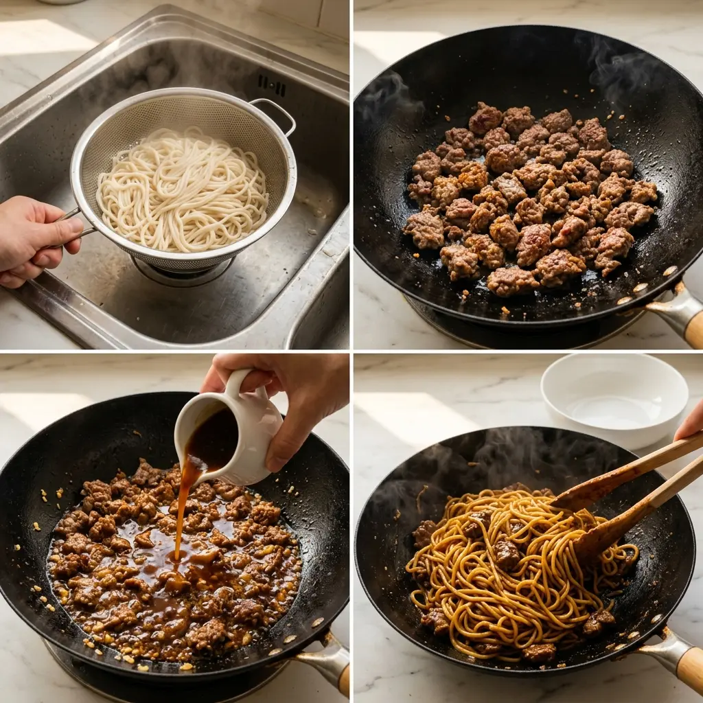 4-step cooking process collage for sticky beef noodles showing draining noodles, searing beef, adding sauce, and tossing to finish