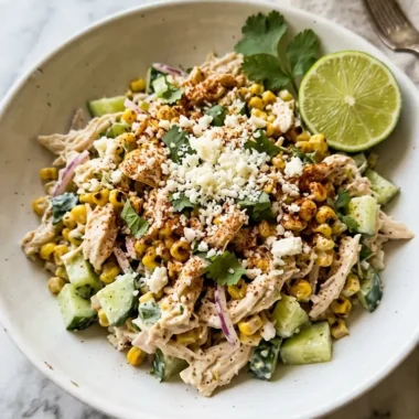 Street Corn Creamy Cucumber Chicken Salad in a white ceramic bowl with charred corn, cotija, and lime