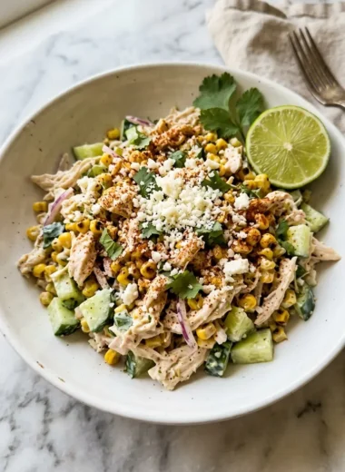 Street Corn Creamy Cucumber Chicken Salad in a white ceramic bowl with charred corn, cotija, and lime