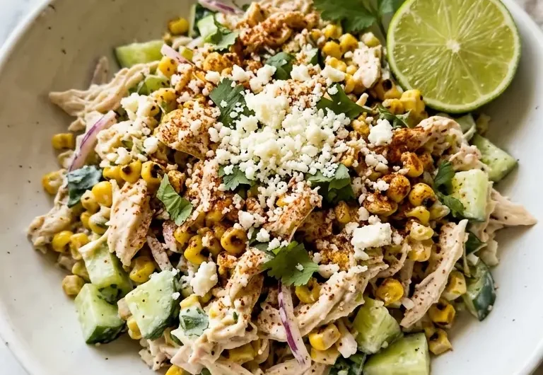 Street Corn Creamy Cucumber Chicken Salad in a white ceramic bowl with charred corn, cotija, and lime