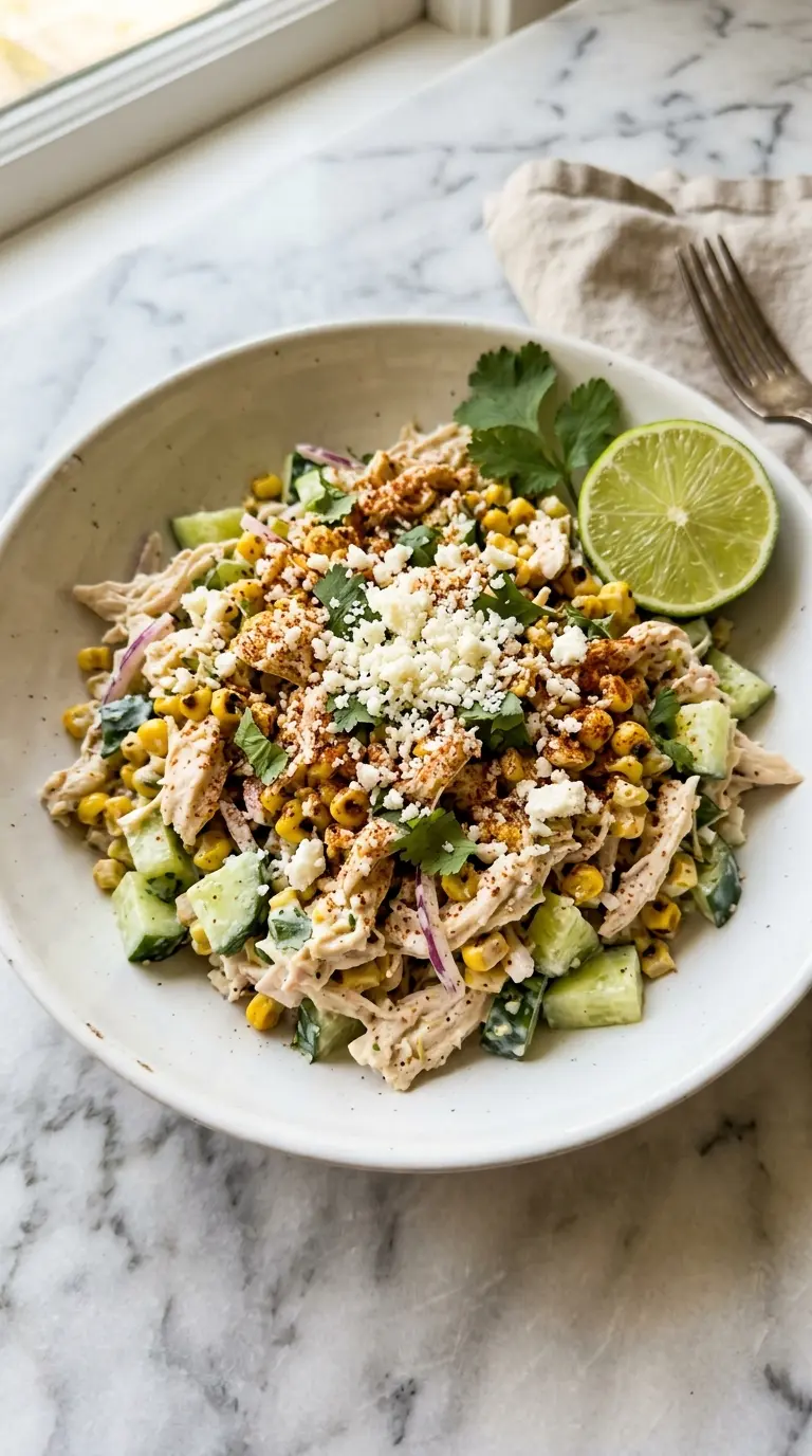Street Corn Creamy Cucumber Chicken Salad in a white ceramic bowl with charred corn, cotija, and lime