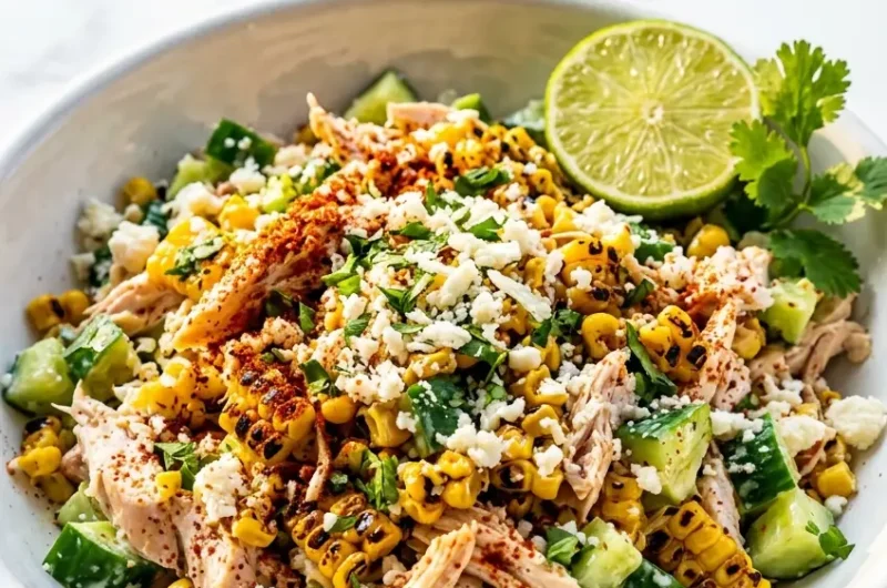 Pinterest pin image for Street Corn Creamy Cucumber Chicken Salad showing close-up of creamy charred corn salad