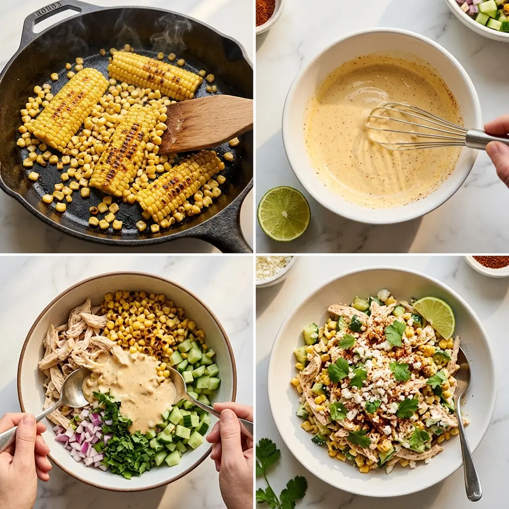 4-step cooking process collage for Street Corn Creamy Cucumber Chicken Salad showing charring corn, making dressing, tossing, and plating