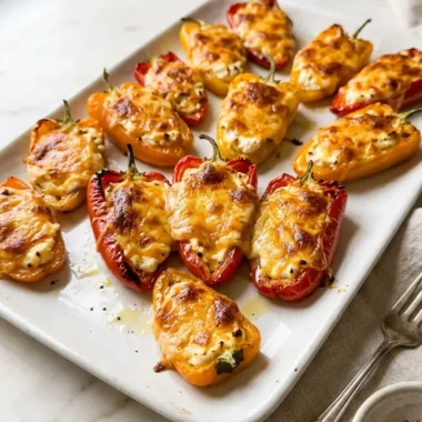 3-ingredient stuffed pepper bites on white platter with golden cheddar topping and glossy peppers