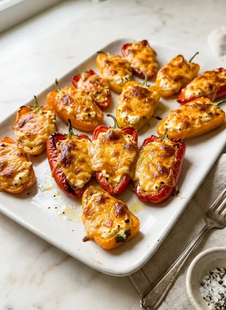 3-ingredient stuffed pepper bites on white platter with golden cheddar topping and glossy peppers