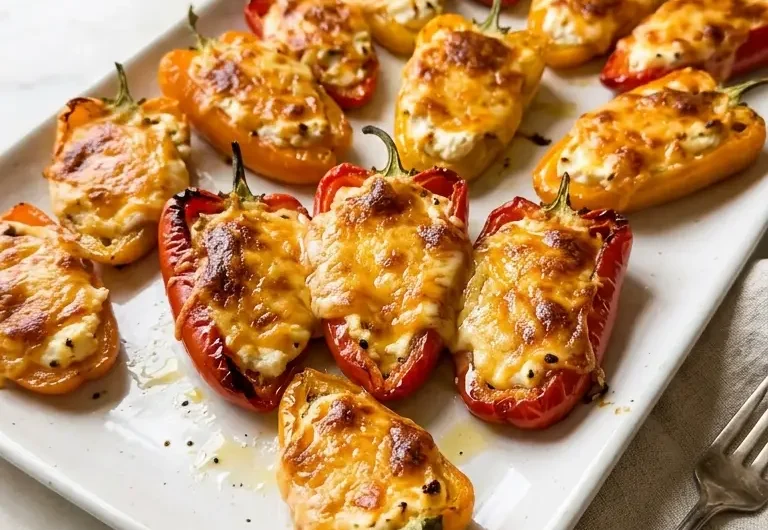 3-ingredient stuffed pepper bites on white platter with golden cheddar topping and glossy peppers