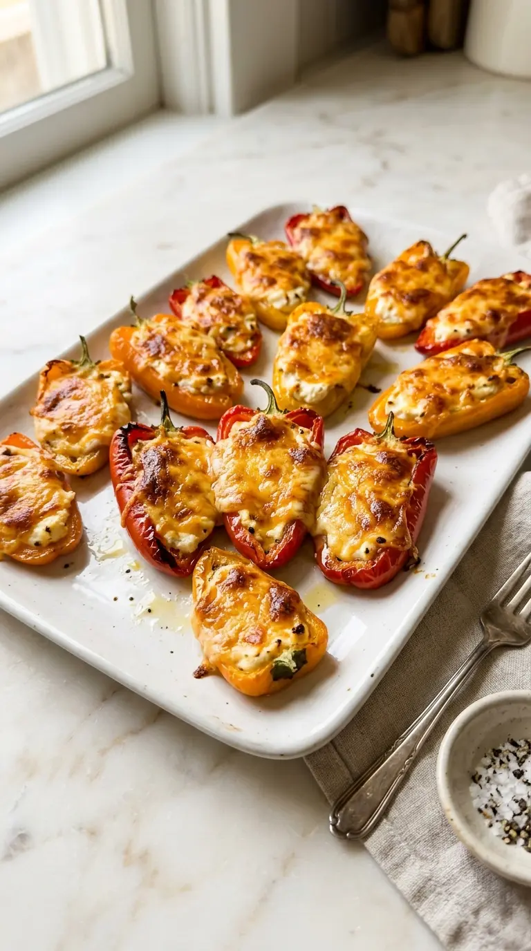 3-ingredient stuffed pepper bites on white platter with golden cheddar topping and glossy peppers