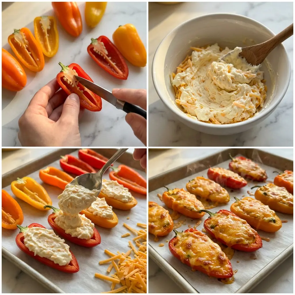 4-step cooking process collage for 3-ingredient stuffed pepper bites showing prep, mixing, filling, and baking