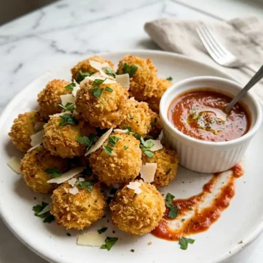 tortellini poppers piled on a white ceramic plate with warm marinara dipping sauce