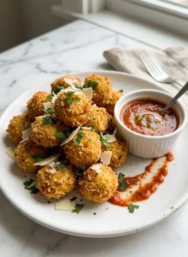 tortellini poppers piled on a white ceramic plate with warm marinara dipping sauce