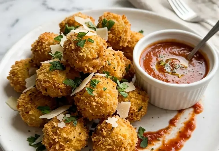 tortellini poppers piled on a white ceramic plate with warm marinara dipping sauce