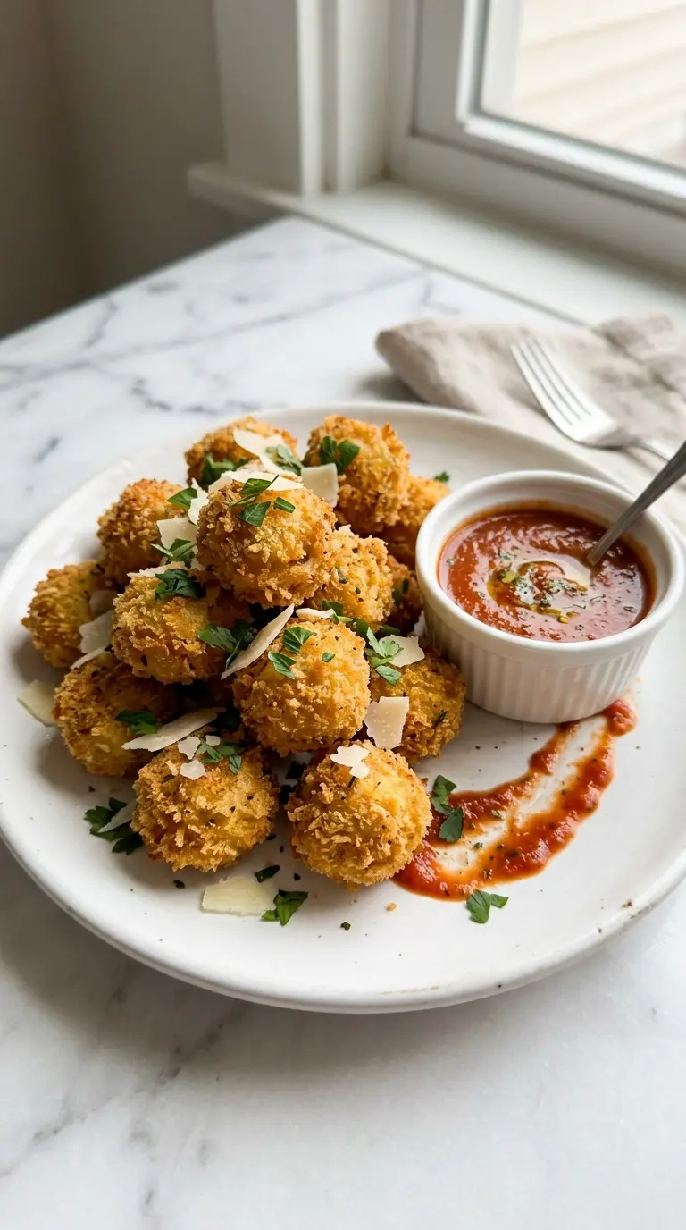 tortellini poppers piled on a white ceramic plate with warm marinara dipping sauce