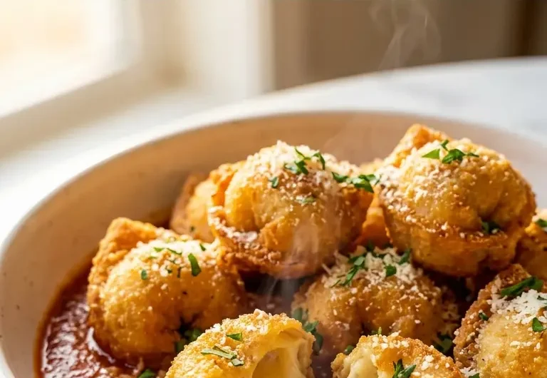 Pinterest pin image for tortellini poppers with golden crispy crust and cheesy filling
