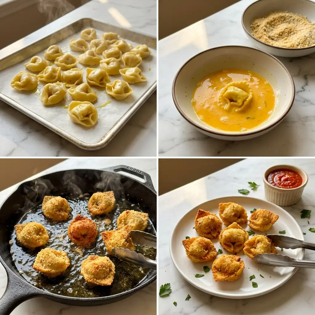 4-step cooking process collage for tortellini poppers showing cooling, coating, frying, and plating