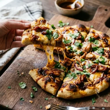 BBQ chicken flatbreads served on a wooden board with melted cheese and fresh cilantro