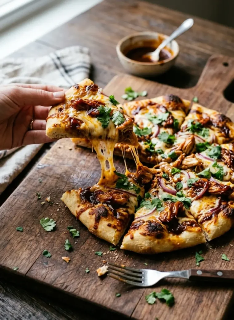 BBQ chicken flatbreads served on a wooden board with melted cheese and fresh cilantro