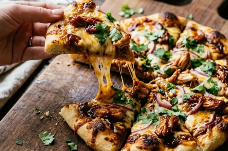 BBQ chicken flatbreads served on a wooden board with melted cheese and fresh cilantro