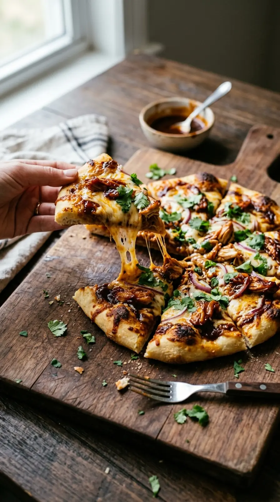 BBQ chicken flatbreads served on a wooden board with melted cheese and fresh cilantro