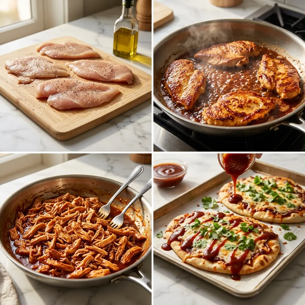 4-step cooking process collage for BBQ chicken flatbreads showing seasoning, pan cooking, shredding, and topping