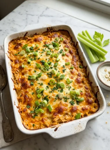 Buffalo Chicken Cheese Bake in a white ceramic dish with golden melted cheese and green onions