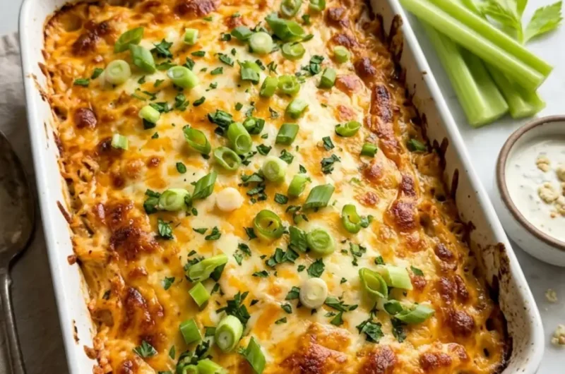 Buffalo Chicken Cheese Bake in a white ceramic dish with golden melted cheese and green onions