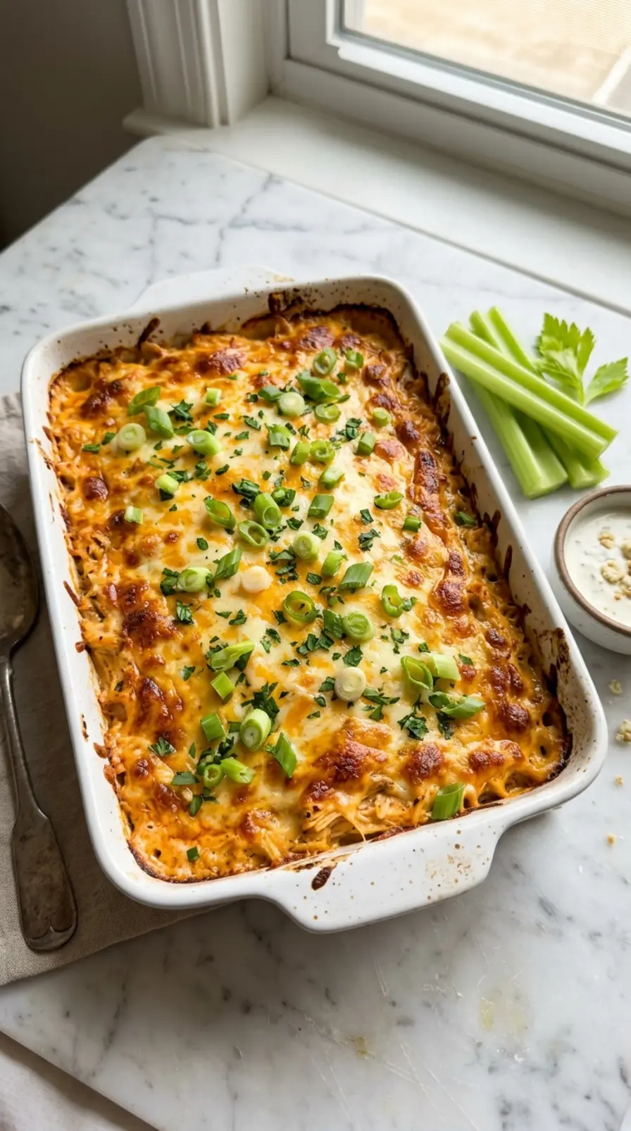 Buffalo Chicken Cheese Bake in a white ceramic dish with golden melted cheese and green onions