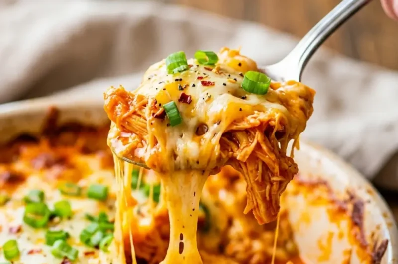 Pinterest pin image for Buffalo Chicken Cheese Bake with melty cheese pull