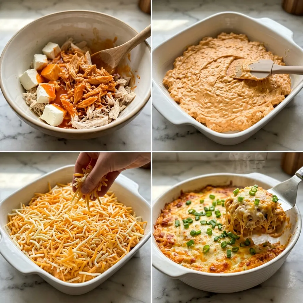 4-step cooking process collage for Buffalo Chicken Cheese Bake showing mixing, assembling, topping, and baking