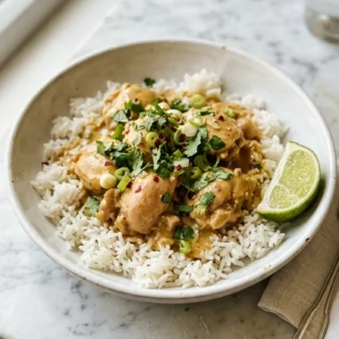 creamy easy coconut chicken rice bowl in white bowl with lime and cilantro