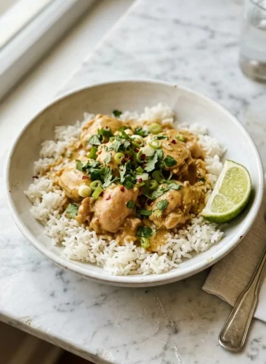 creamy easy coconut chicken rice bowl in white bowl with lime and cilantro
