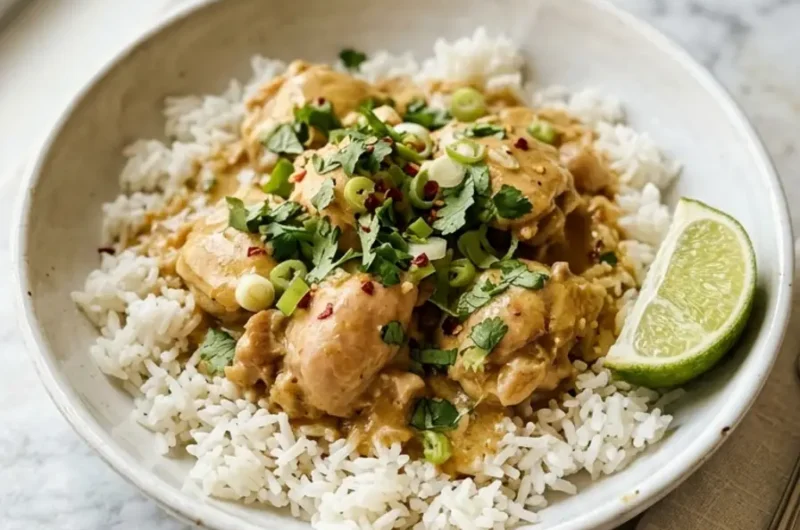creamy easy coconut chicken rice bowl in white bowl with lime and cilantro