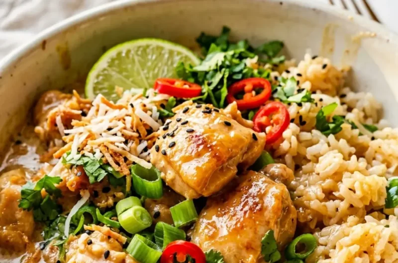 Pinterest pin image for easy coconut chicken rice bowl with creamy chicken and rice