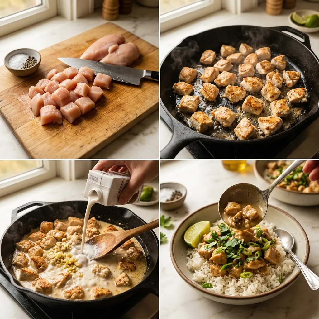 4-step cooking process collage for easy coconut chicken rice bowl showing prep, searing, simmering sauce, and plating