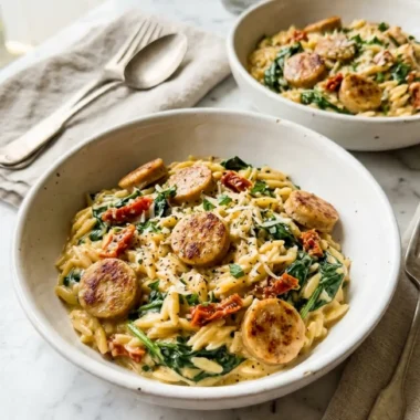 creamy chicken sausage orzo served in white ceramic bowls with spinach and sun-dried tomatoes