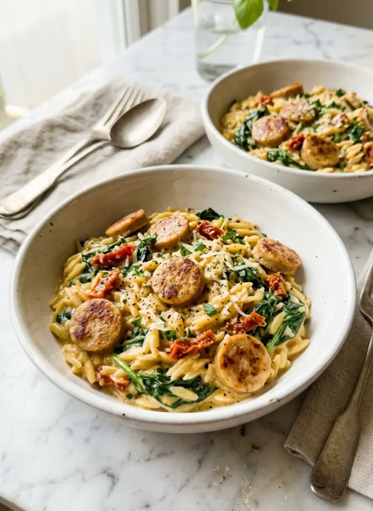 creamy chicken sausage orzo served in white ceramic bowls with spinach and sun-dried tomatoes