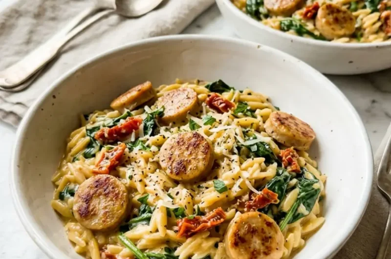 creamy chicken sausage orzo served in white ceramic bowls with spinach and sun-dried tomatoes