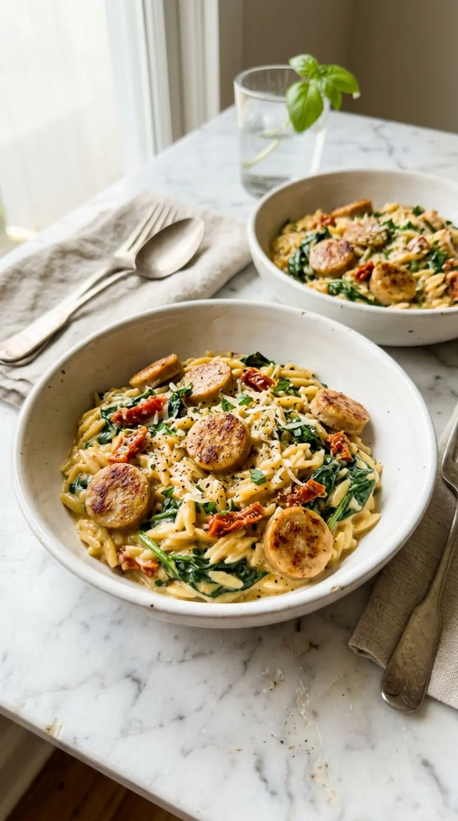 creamy chicken sausage orzo served in white ceramic bowls with spinach and sun-dried tomatoes