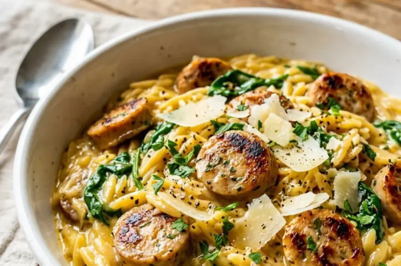 Pinterest pin image for creamy chicken sausage orzo