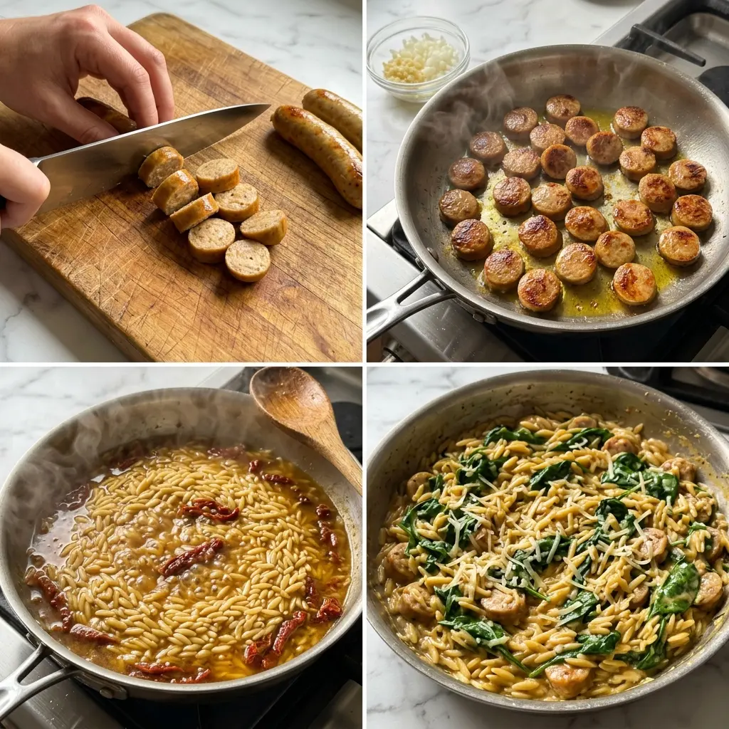 4-step cooking process collage for creamy chicken sausage orzo showing slicing, browning, simmering, and finishing