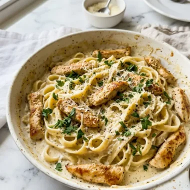 Easy Dinner Chicken Alfredo served in a white skillet with creamy sauce, chicken, and fresh parsley