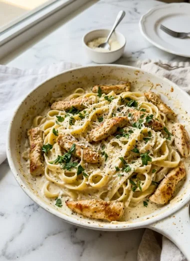Easy Dinner Chicken Alfredo served in a white skillet with creamy sauce, chicken, and fresh parsley