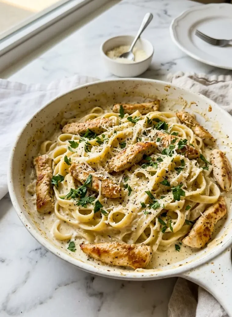 Easy Dinner Chicken Alfredo served in a white skillet with creamy sauce, chicken, and fresh parsley