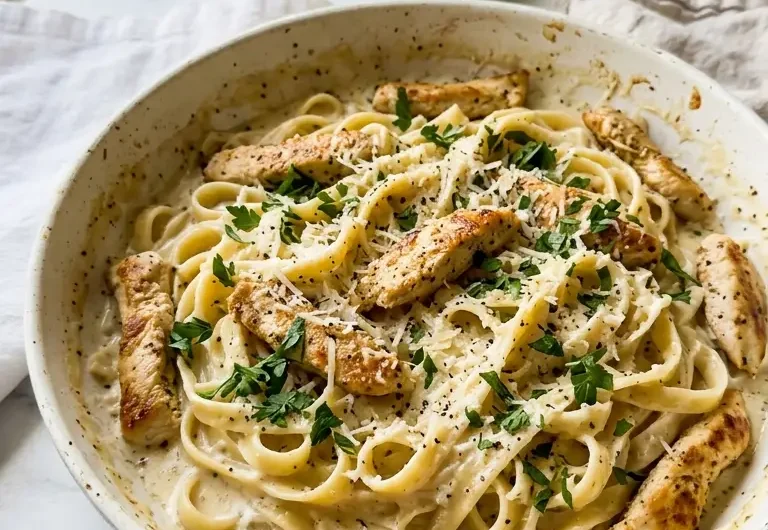 Easy Dinner Chicken Alfredo served in a white skillet with creamy sauce, chicken, and fresh parsley
