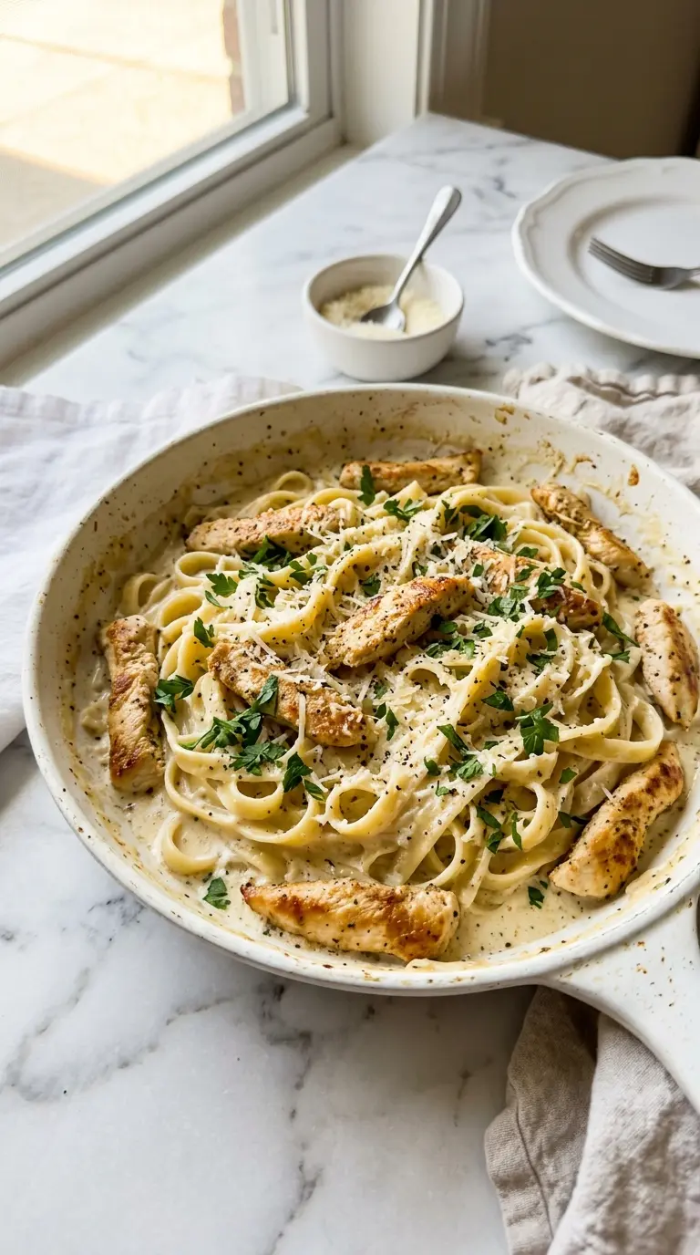 Easy Dinner Chicken Alfredo served in a white skillet with creamy sauce, chicken, and fresh parsley