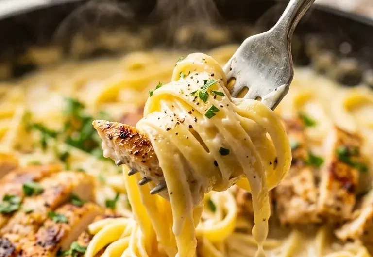 Pinterest pin image for creamy Easy Dinner Chicken Alfredo with a fork twist