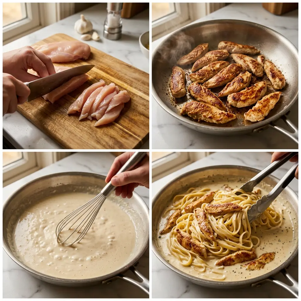 4-step cooking process collage for Easy Dinner Chicken Alfredo showing slicing chicken, searing, making sauce, and combining