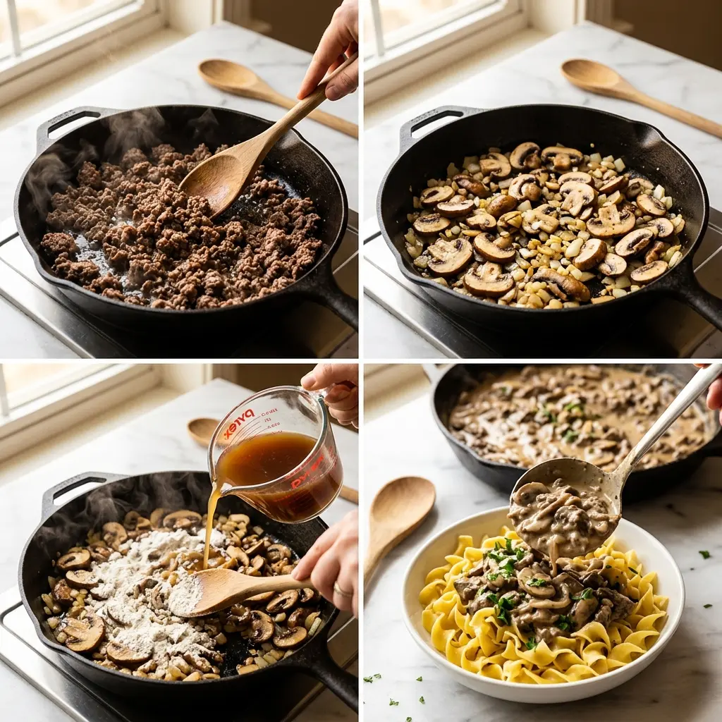 4-step cooking process collage for easy ground beef stroganoff showing browning, sautéing, thickening, and plating